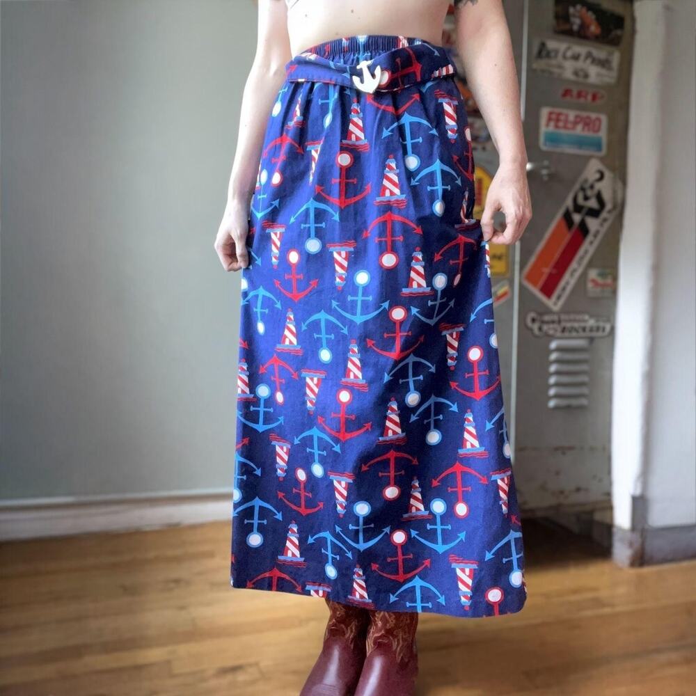 Vintage 60s Nautical Maxi Skirt | Anchor Lighthouse Print Cotton Skirt | XS/S